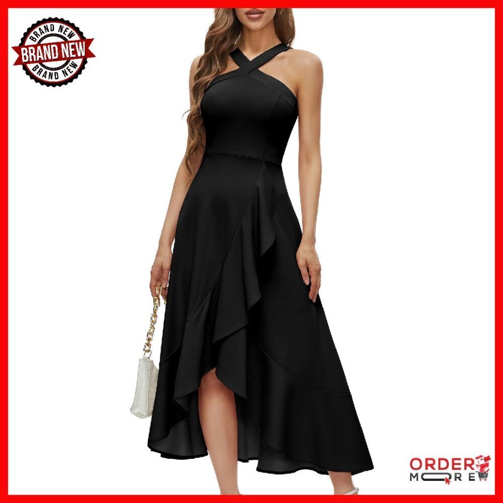Halter Maxi Dress Ruffled Hi-Lo Formal Prom Wedding Guest Cocktail